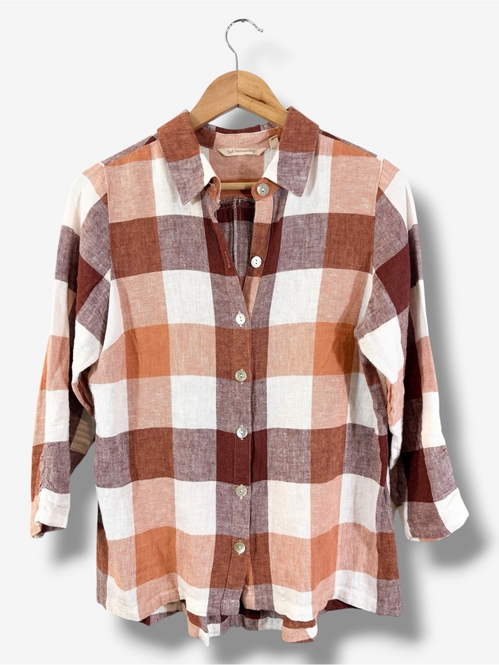 Soft Surroundings Linen Zip Back Tunic Size PM Brown Grid Plaid Lagenlook Casual